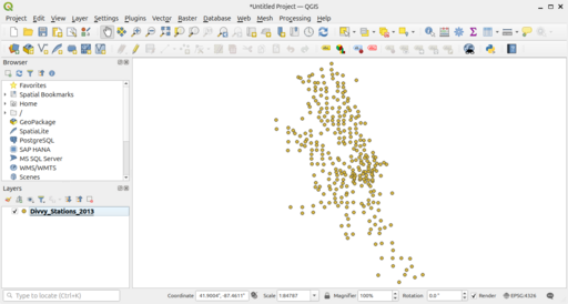 A screenshot of the Divvy stations in the application QGIS